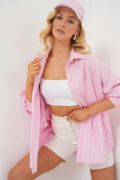 3900 Oversize Kareli Gömlek - Y.Pembe resmi